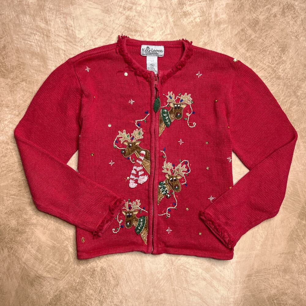 Vintage Y2K Reindeer Christmas Sweater Zip Red Beaded Knit Embroidered Holiday - Picture 8 of 8